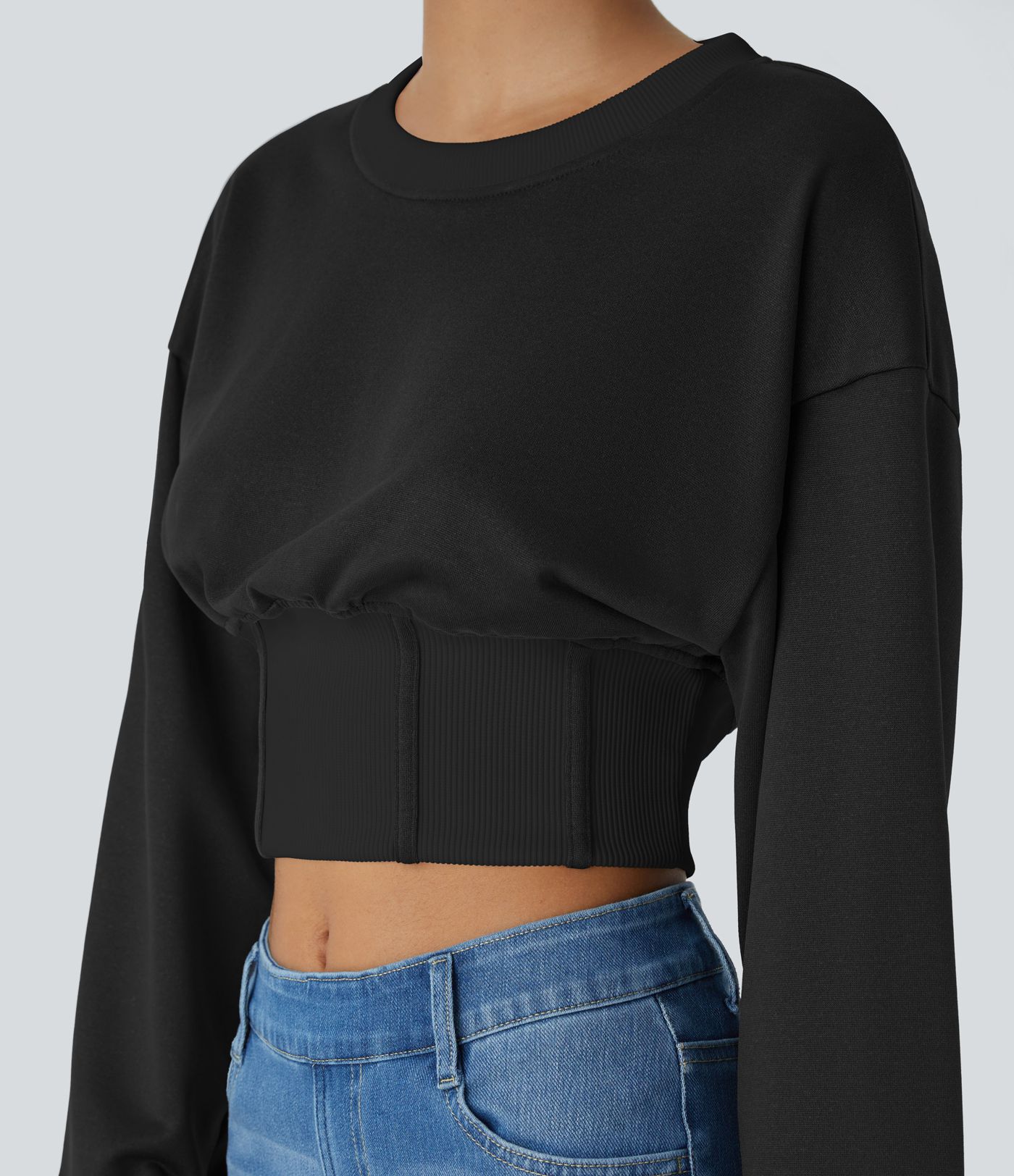 Round Neck Dropped Shoulder Contrast Ribbed Decorative Fishbone Cropped Relaxed Casual Sweatshirt