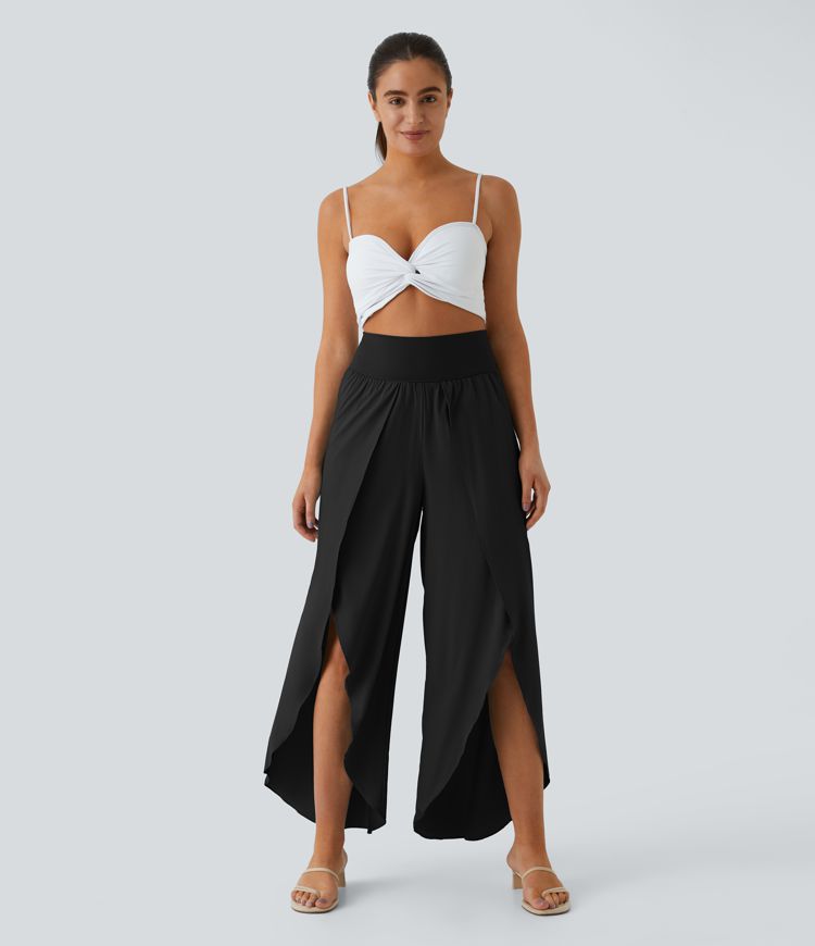 Breezeful™ High Waisted Back Waistband Pocket Palazzo Flowy Split Wide Leg Quick Dry Casual Trousers