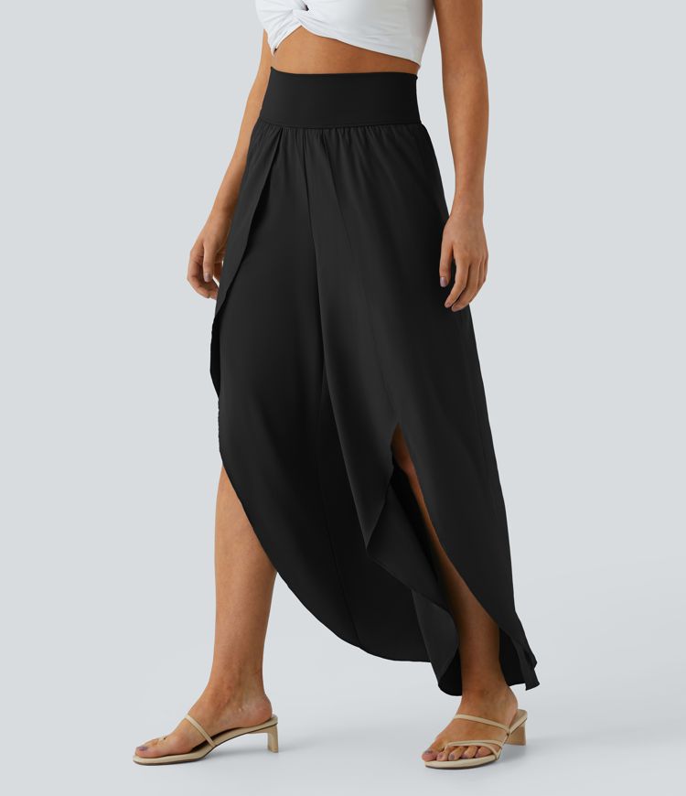 Breezeful™ High Waisted Back Waistband Pocket Palazzo Flowy Split Wide Leg Quick Dry Casual Trousers