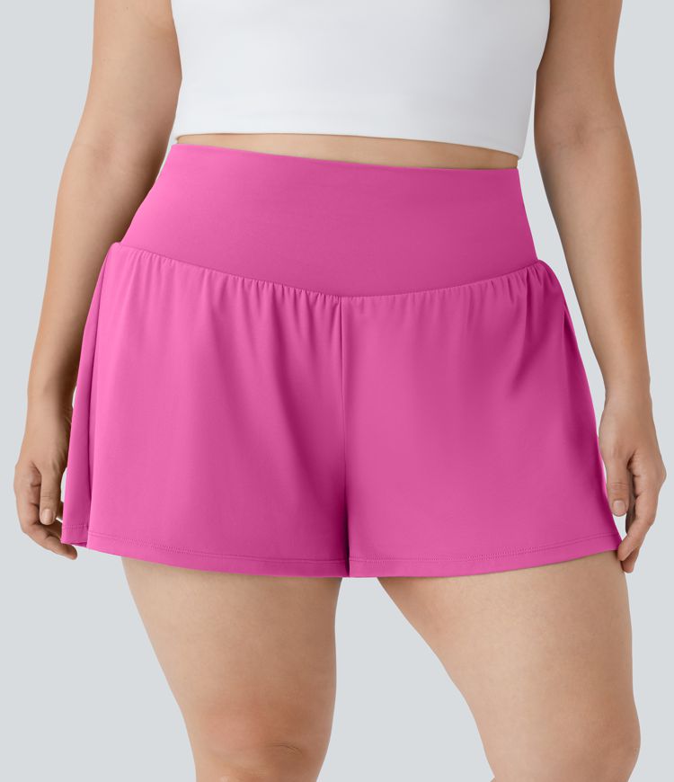 Super High Waisted Back Pocket & Side Hidden Pocket 2-in-1 Yoga Plus Size Shorts 4''-Longer Length