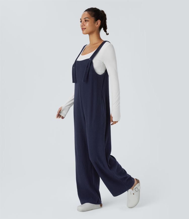 Ribbed Knit Adjustable Strap Button Side Pocket Casual Dungarees