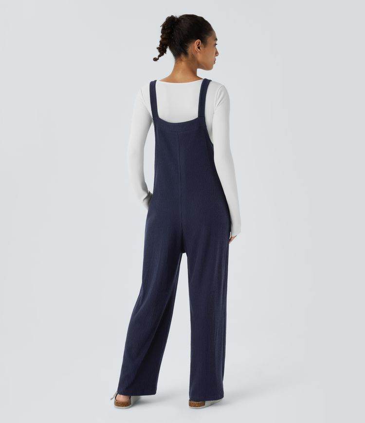 Ribbed Knit Adjustable Strap Button Side Pocket Casual Dungarees