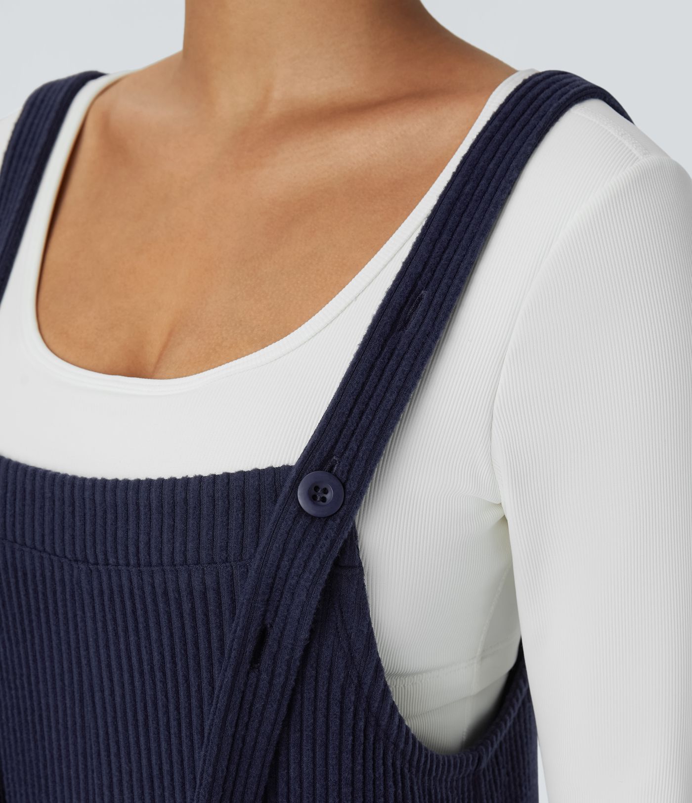 Ribbed knit adjustable strap button side pocket casual overall