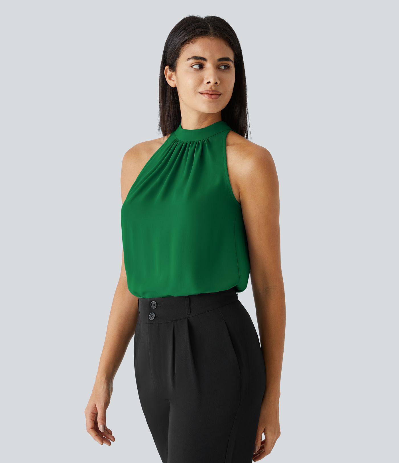 Keyhole Back Halter Sleeveless Curved Hem Work Blouse