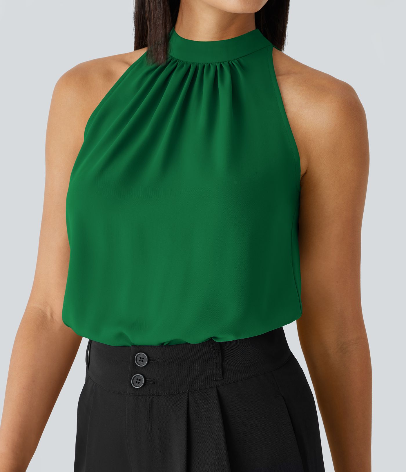 Keyhole Back Halter Sleeveless Curved Hem Work Blouse