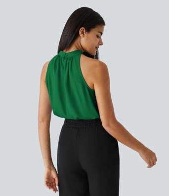 Keyhole Back Halter Sleeveless Curved Hem Work Blouse