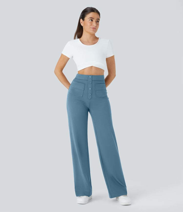 High Waisted Pockets Straight Leg Casual Pants
