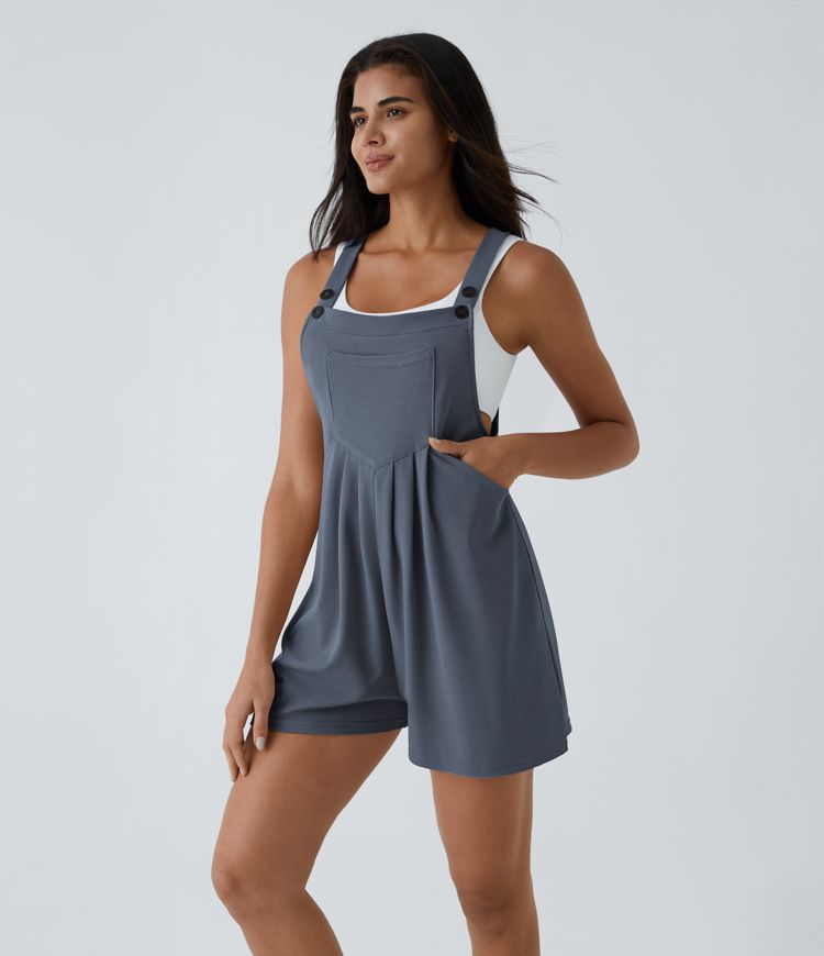 Pockets Waffle Casual Short Overalls