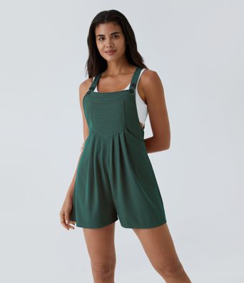 Salopette décontractée gaufrée à plis, boutons, bretelles réglables et multiples poches