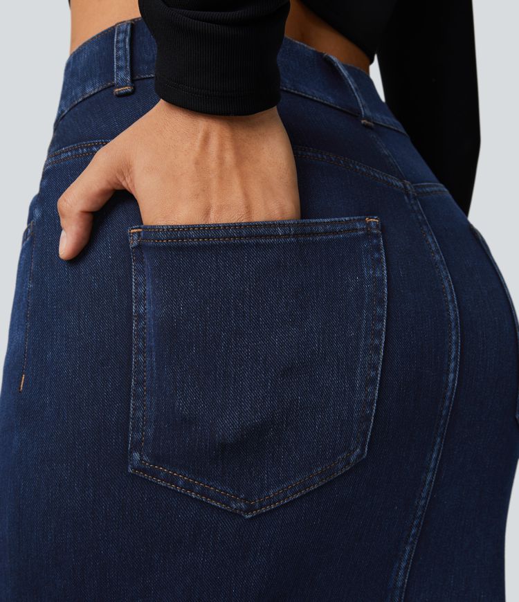 Halara Flex™ Jupe en Jean Midi Casual Tricot Extensible Taille Haute Poches Multiples