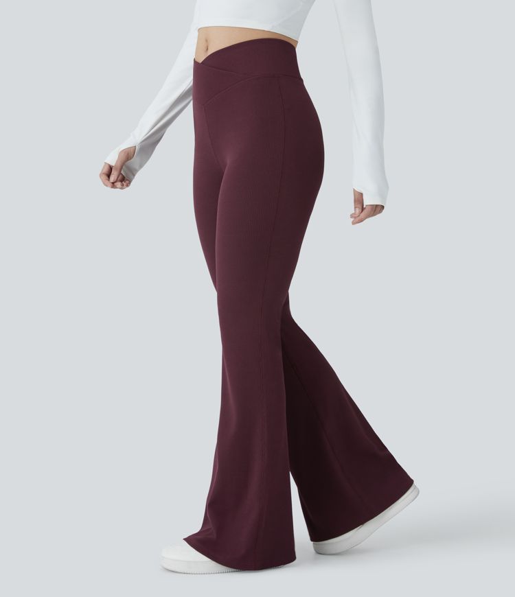 Crossover High Waisted Back Pocket Waffle Casual Flare Pants