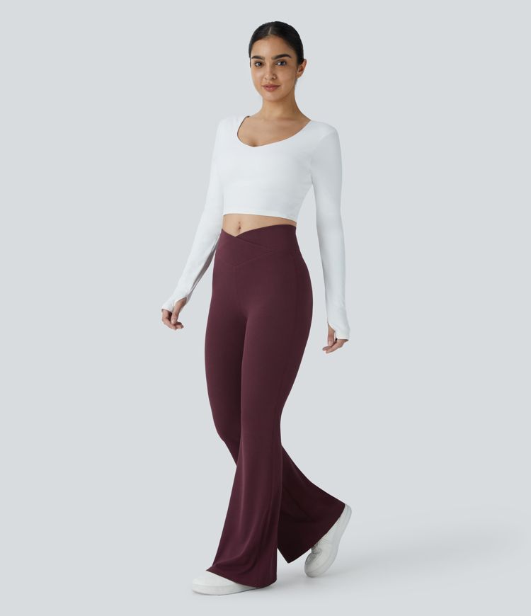 Crossover High Waisted Back Pocket Waffle Casual Flare Pants
