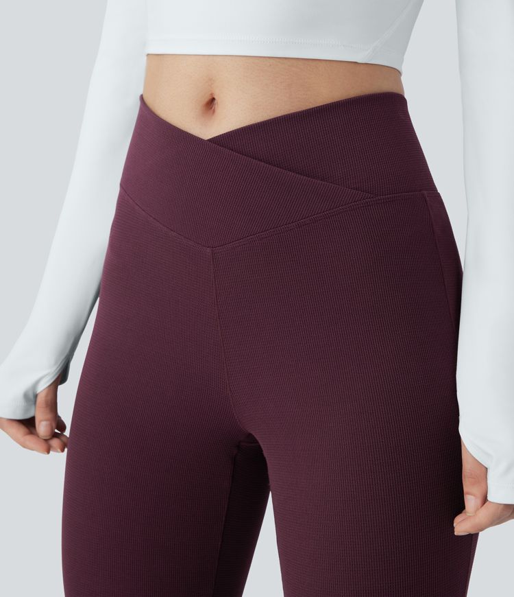 Crossover High Waisted Back Pocket Waffle Casual Flare Pants