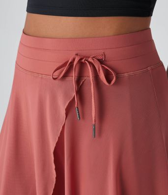 High Waisted Drawstring Contrast Mesh 2-in-1 Pocket Flowy Midi Flare Casual Skirt