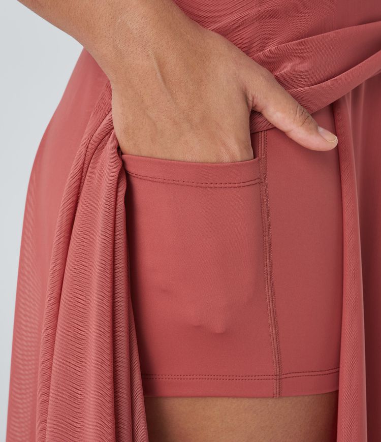 High Waisted Drawstring Contrast Mesh 2-in-1 Pocket Flowy Midi Flare Casual Skirt