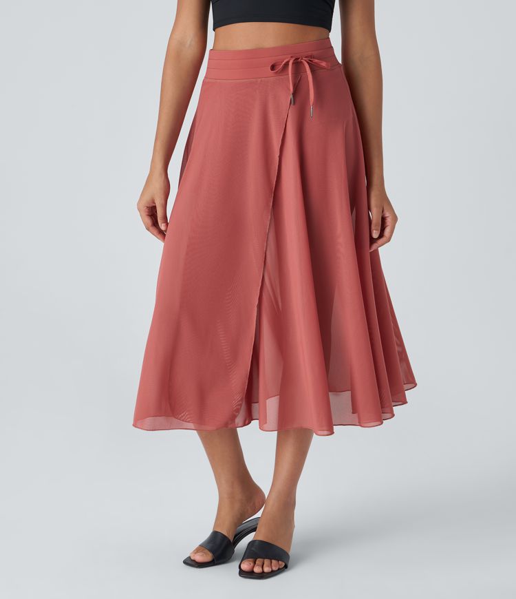 High Waisted Drawstring Contrast Mesh 2-in-1 Pocket Flowy Midi Flare Casual Skirt