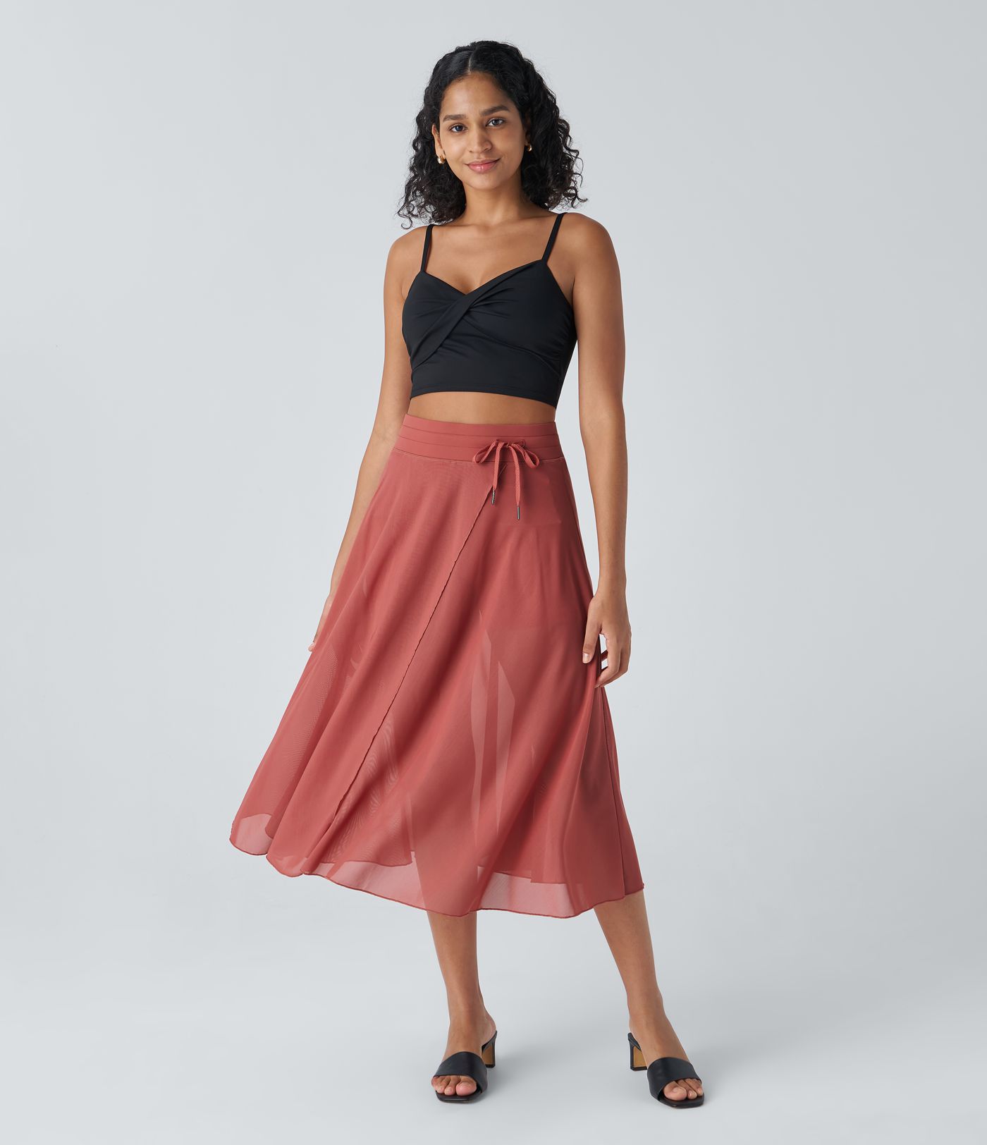 High Waisted Drawstring Contrast Mesh 2-in-1 Pocket Flowy Midi Flare Casual Skirt