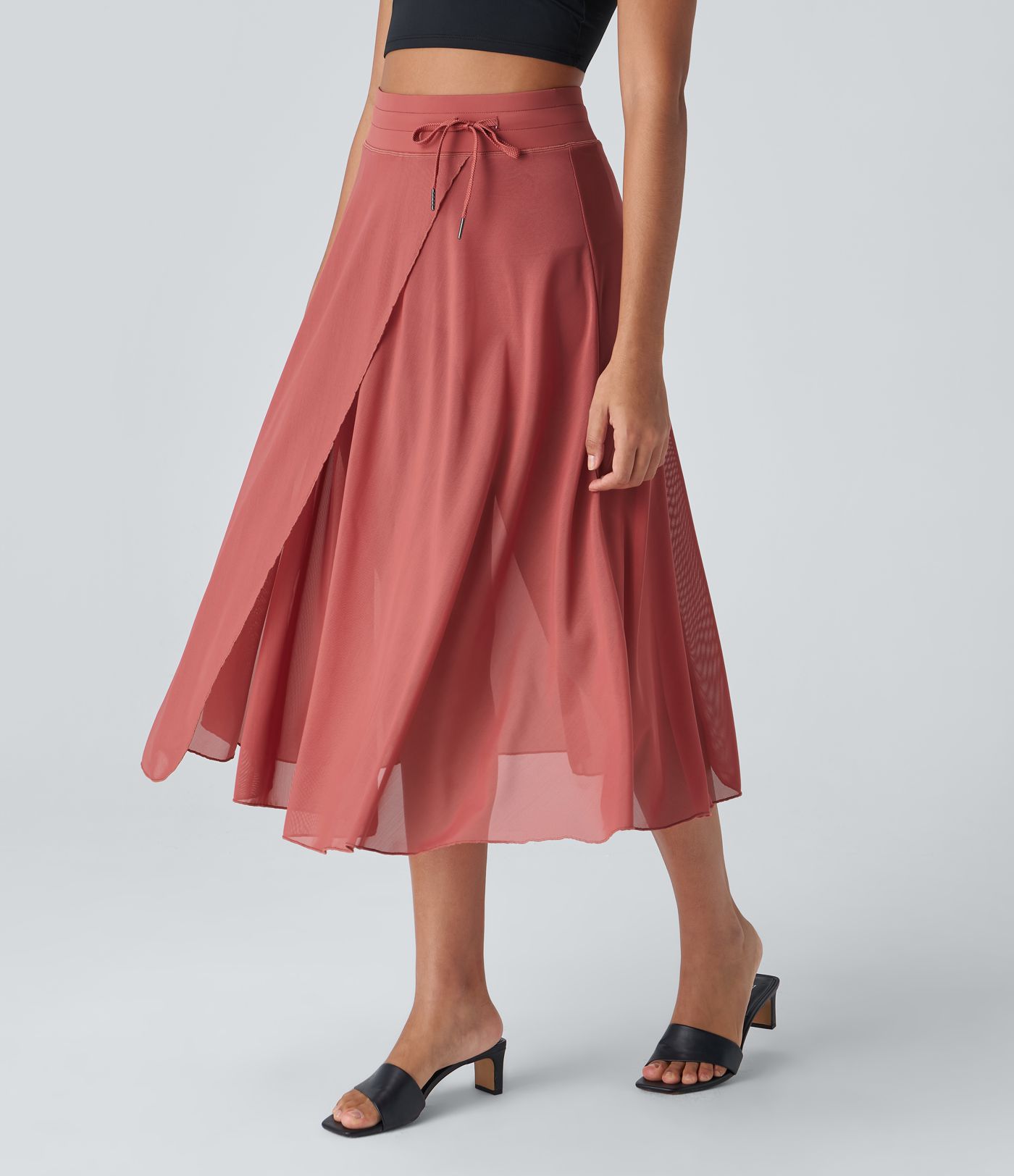 High Waisted Drawstring Contrast Mesh 2-in-1 Pocket Flowy Midi Flare Casual Skirt