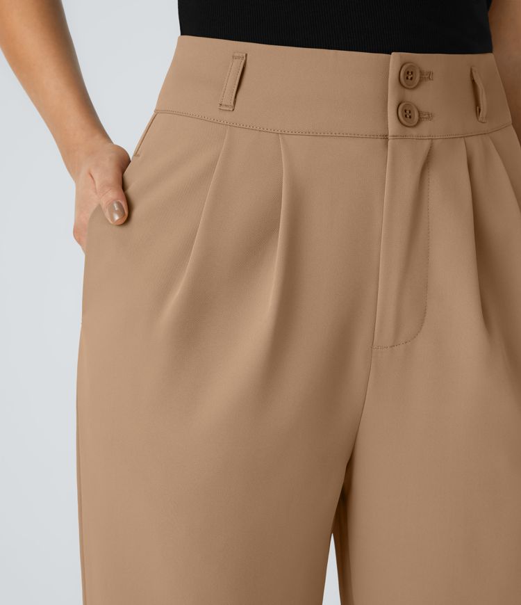 Pantalón oficina tiro alto botón cremallera bolsillo lateral fruncido pierna recta