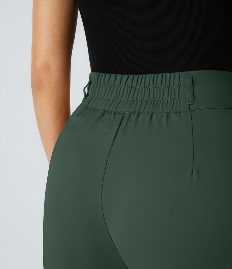 Pantalón oficina tiro alto botón cremallera bolsillo lateral fruncido pierna recta