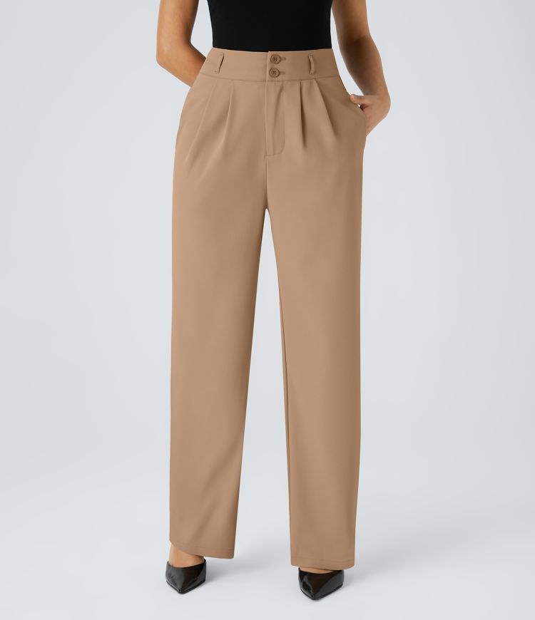 Pantalon Tailleur Droite Taille Haute Boutonnés Fermeture Éclair Plissé Poches Latérales Froncé