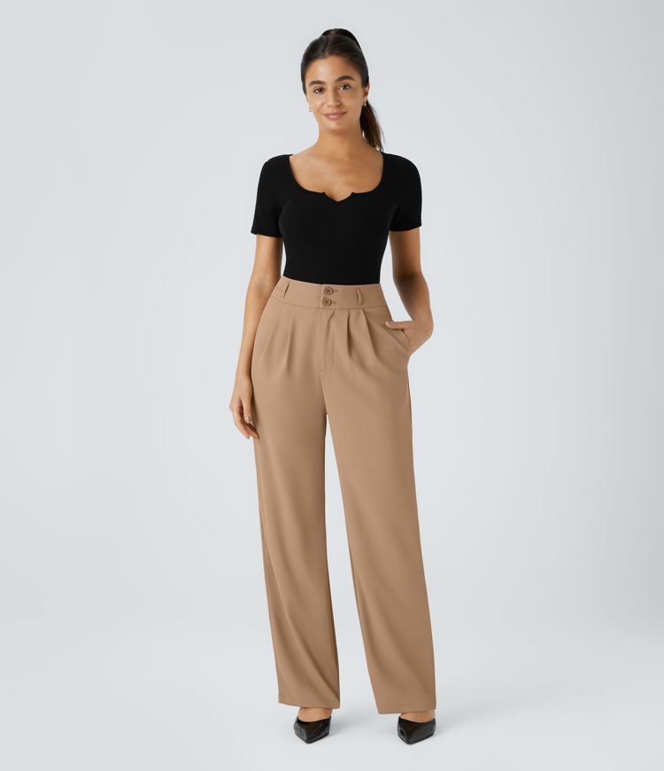 Pantalón oficina tiro alto botón cremallera bolsillo lateral fruncido pierna recta