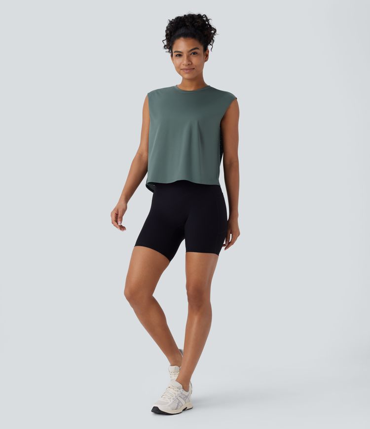 Camiseta sin mangas correr cuello redondo malla contrastante