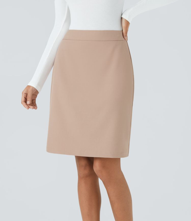 High-waisted invisible zipper side pocket 2-in-1 split straight hem workwear skirt