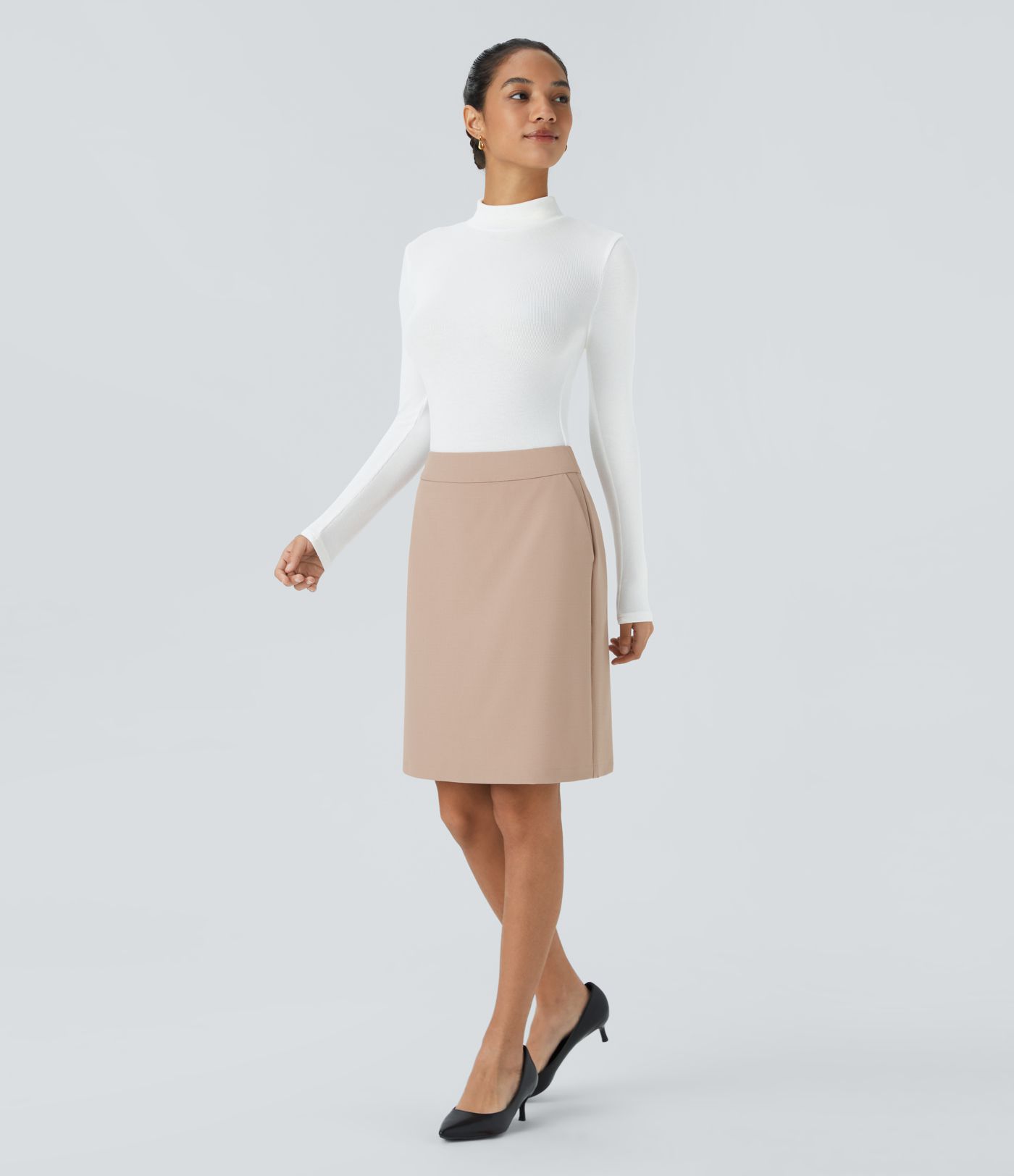 하이웨이스트 보이지 않는 지퍼 옆주머니 2-in-1 스플릿 밑단 일자 워크룩 스커트