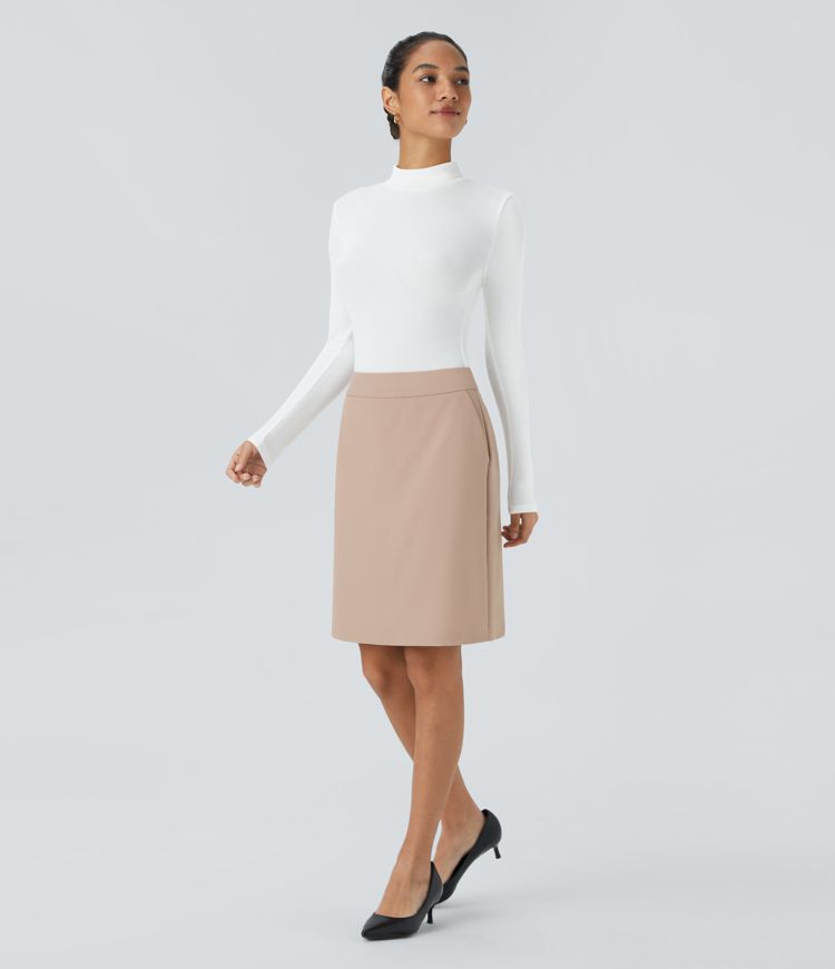 High-waisted invisible zipper side pocket 2-in-1 split straight hem workwear skirt