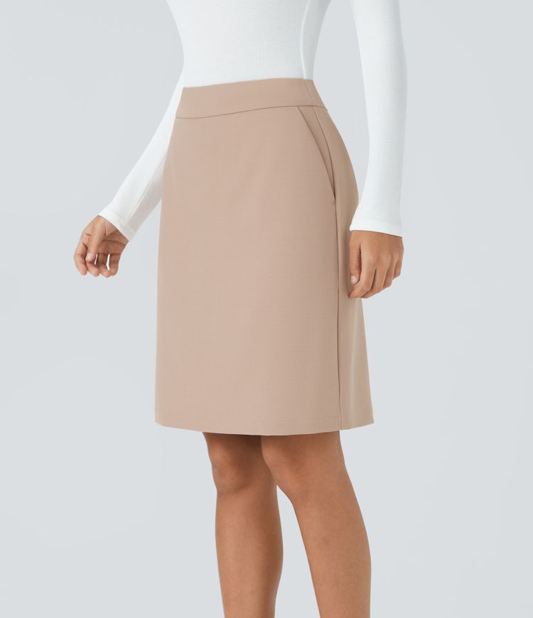 High-waisted invisible zipper side pocket 2-in-1 split straight hem workwear skirt