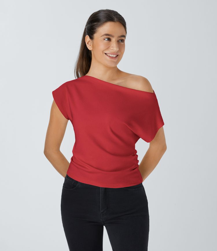 Off Shoulder Short Sleeve Ruched Casual Top