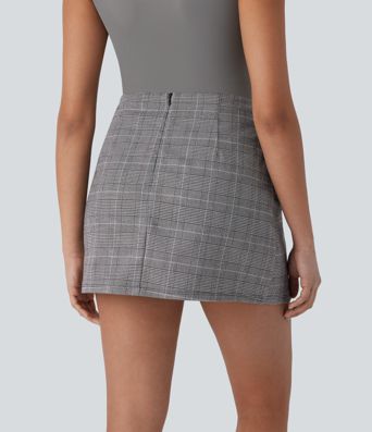 High Waisted Tie Side 2-in-1 Houndstooth Mini Work Skirt