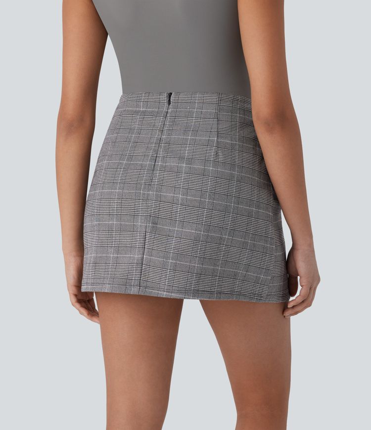 High Waisted Tie Side Invisible Zipper 2-in-1 Houndstooth Mini Work Skirt