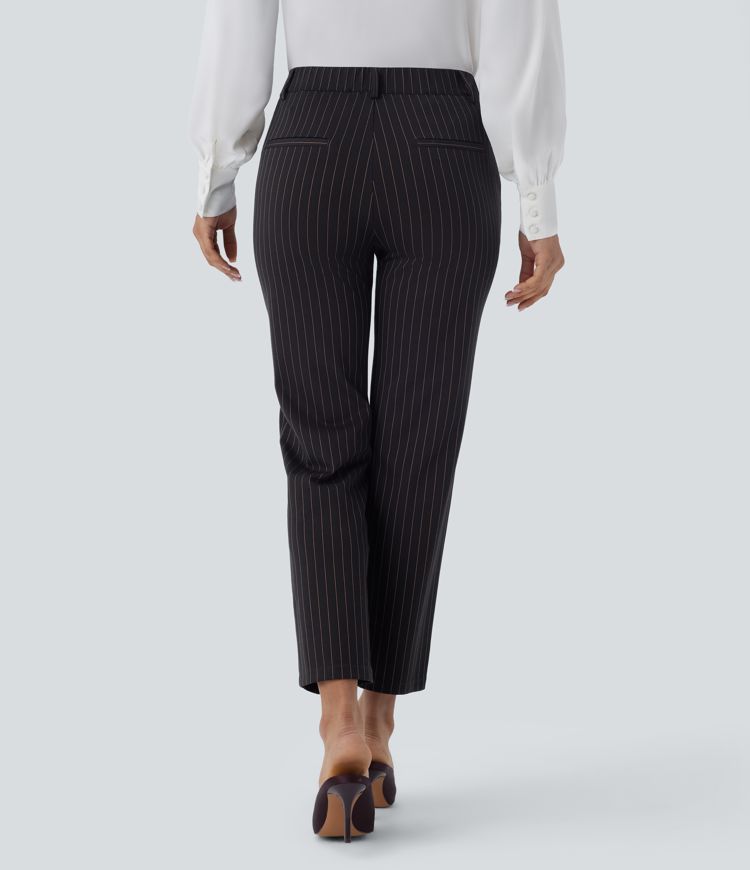 スラックス HUECLOSET Marand Stripe Curved Slacks 25KERO426 Women's Mid Rise Pocket Ankle Length Straight Leg Cool Touch
