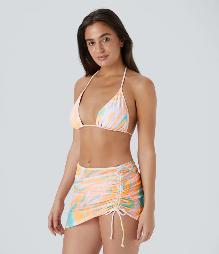 Geometric Print Tie Back Side Drawstring 3-Piece Swimsuit