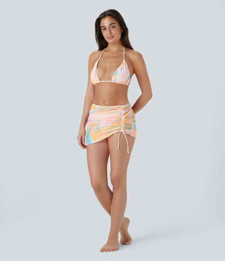 Geometric Print Tie Back Side Drawstring 3-Piece Swimsuit