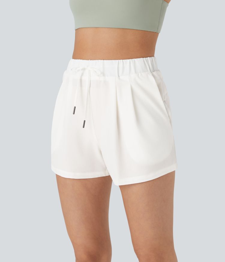 Mid Rise Elastic Waistband Drawstring Ruched Pocket Casual Shorts 3"