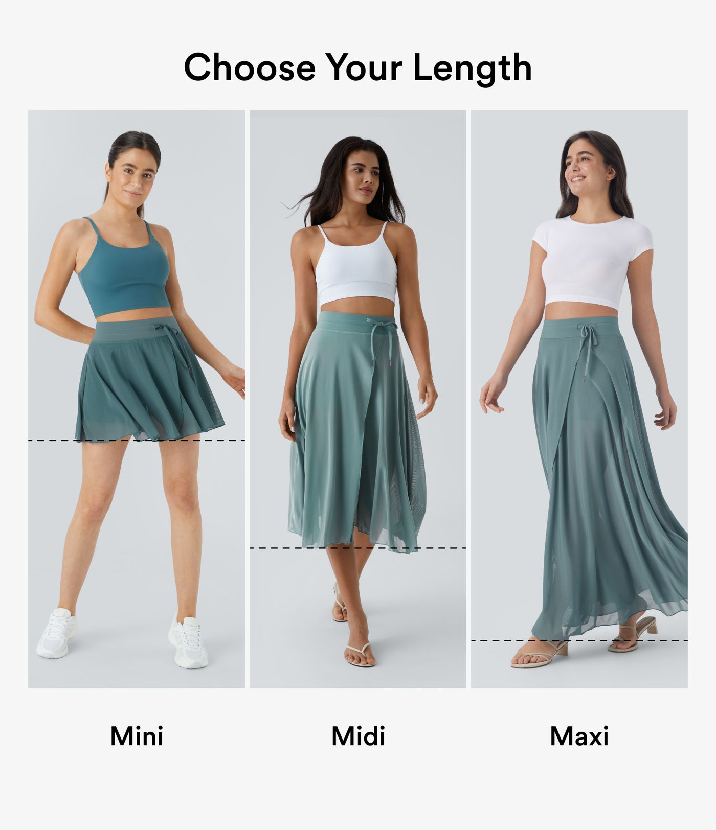 High Waisted Drawstring Contrast Mesh 2-in-1 Pocket Flowy Midi Flare Casual Skirt