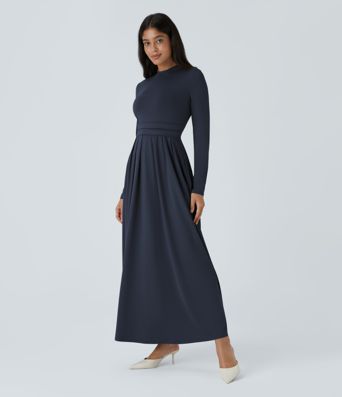 Robe Longue décontractée à Col Montant, Manches Longues et Poche