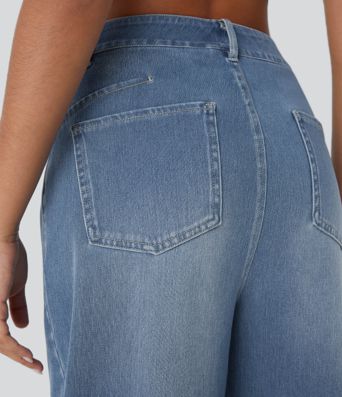 Halara Flex™ Mid Rise Pockets Women Wide Leg Baggy Barrel Leg Casual Denim Jeans