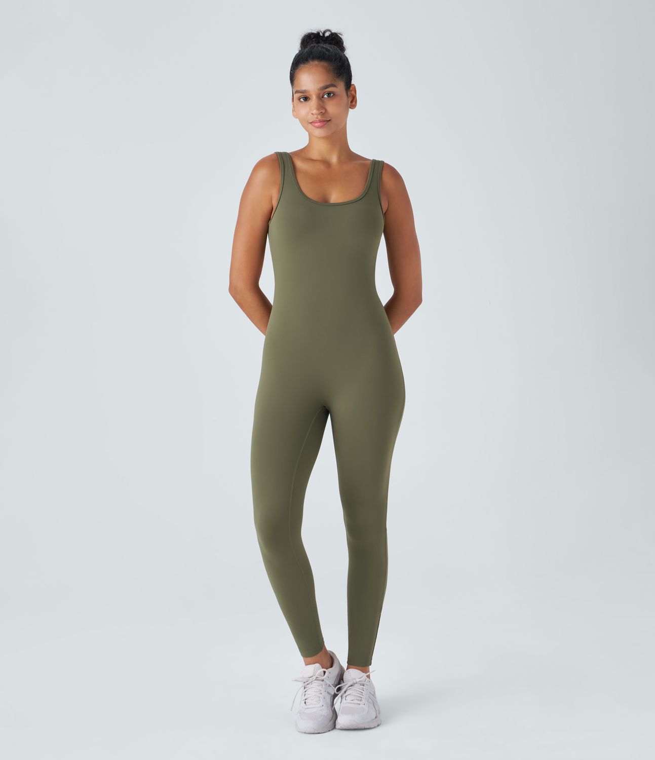 Softlyzero™ backless, ruched, fitted casual jumpsuit with U-neckline — UPF50+