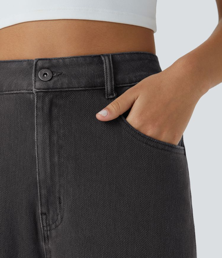 Halara Flex™ High Waisted Multiple Pockets Rolled Hem Wide Leg Herringbone Washed Stretchy Knit Casual Jeans