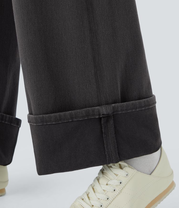 Halara Flex™ High Waisted Multiple Pockets Rolled Hem Wide Leg Herringbone Washed Stretchy Knit Casual Jeans