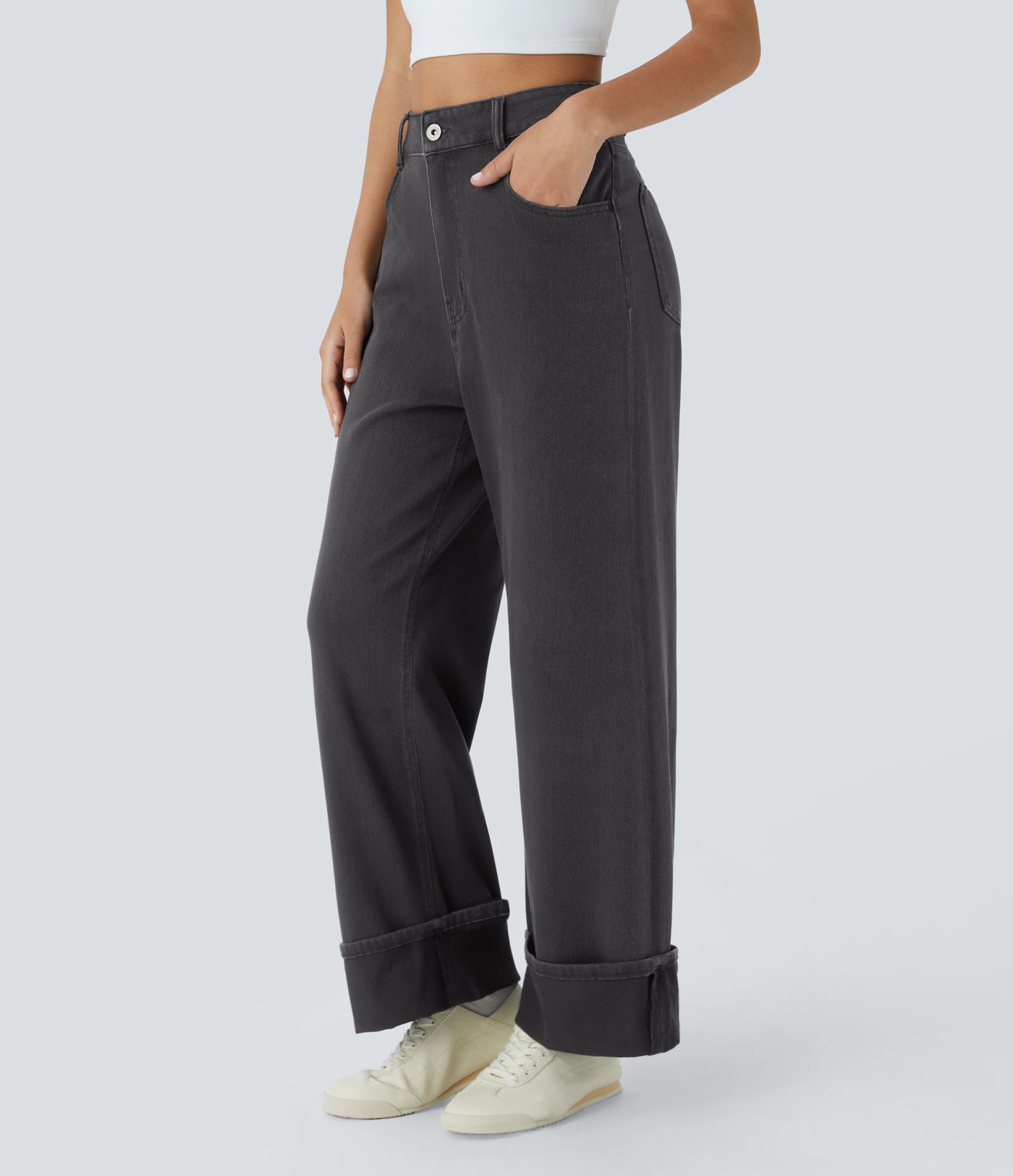 Jeans Halara Flex™ Denim elástico lavado espiga tiro alto múltiple bolsillo dobladillo enrollado pierna ancha