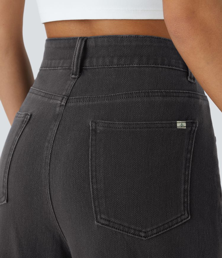 Halara Flex™ High Waisted Multiple Pockets Rolled Hem Wide Leg Herringbone Washed Stretchy Knit Casual Jeans