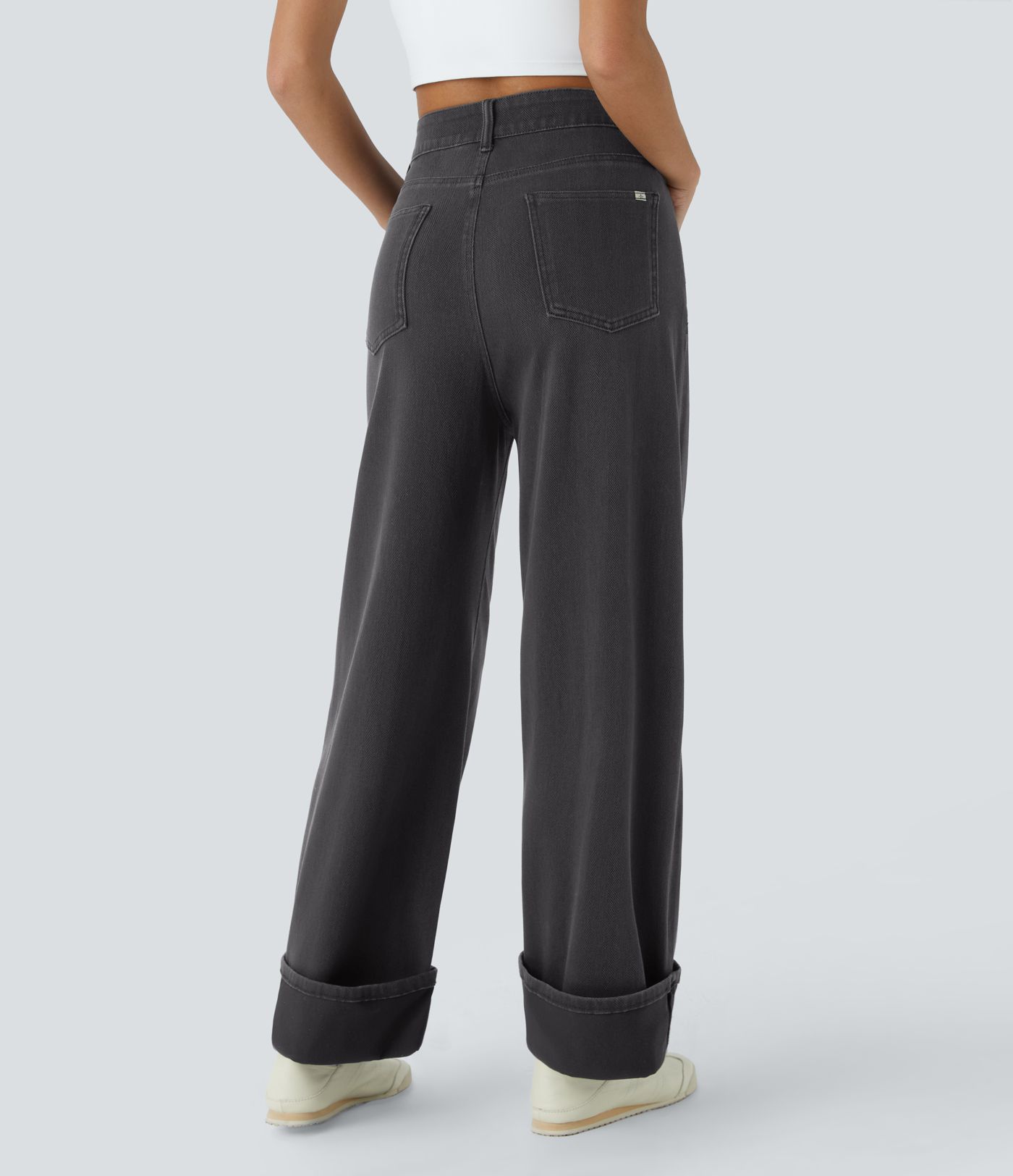 Jeans Halara Flex™ Denim elástico lavado espiga tiro alto múltiple bolsillo dobladillo enrollado pierna ancha