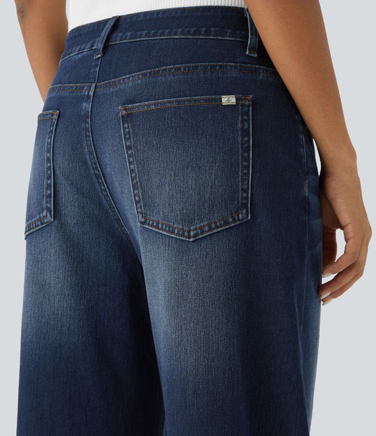 Halara Flex™ Low Rise Zipper Pockets Washed Baggy Wide Leg Casual Jeans