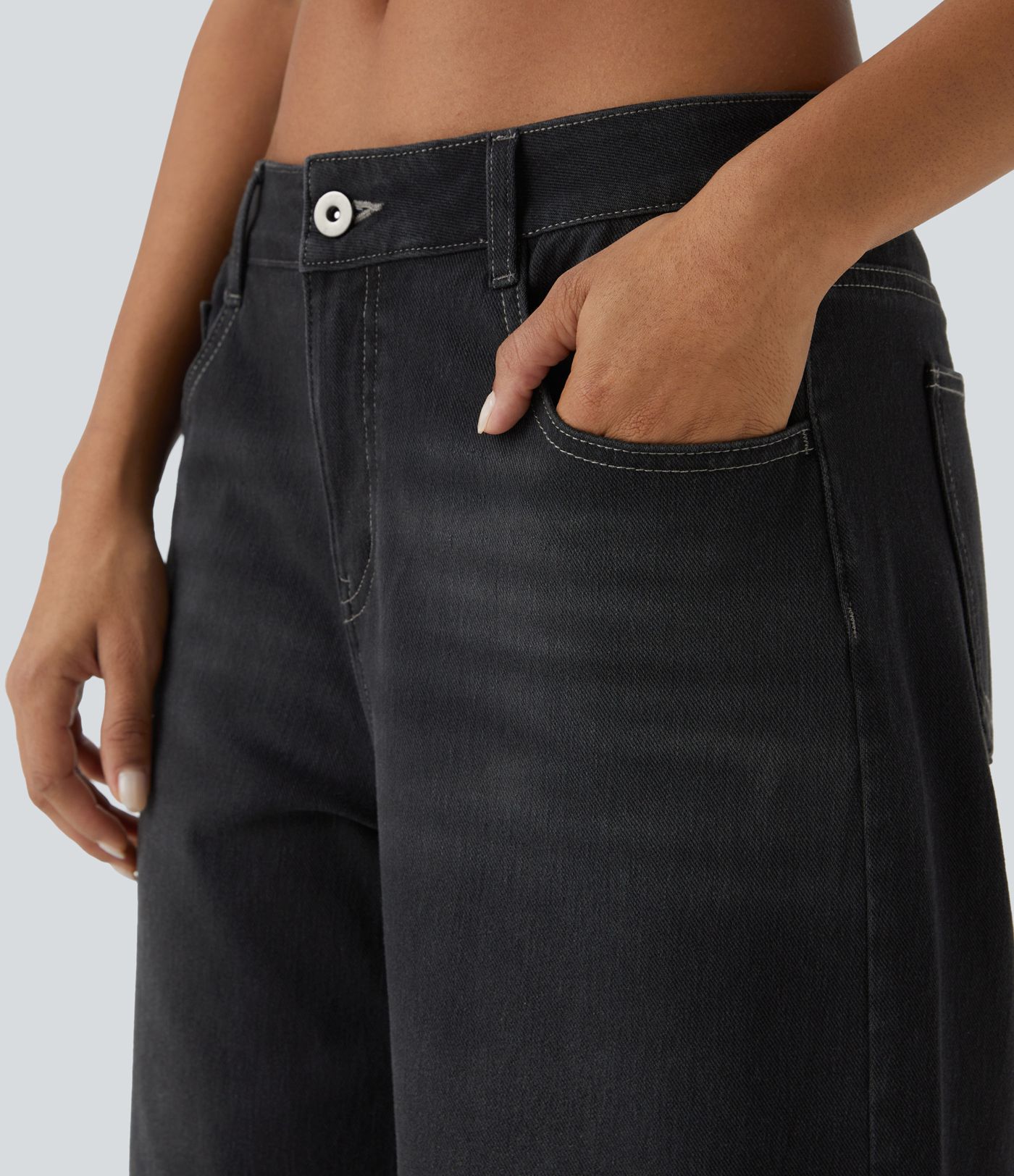 Halara Flex™ Low Rise Zipper Pockets Washed Baggy Wide Leg Casual Jeans