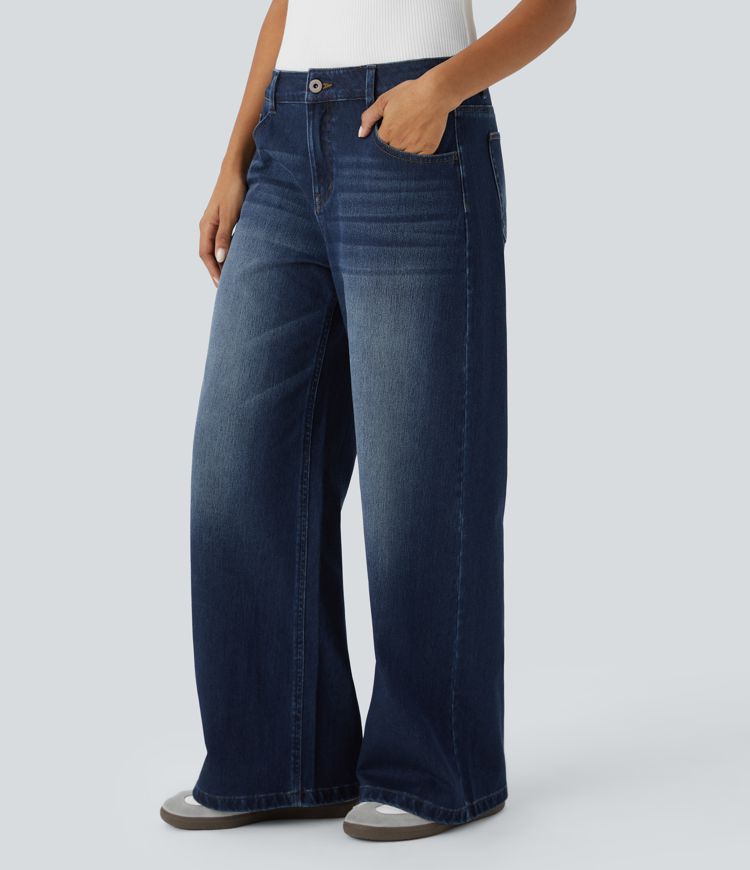 Halara Flex™ Low Rise Zipper Pockets Washed Baggy Wide Leg Casual Jeans